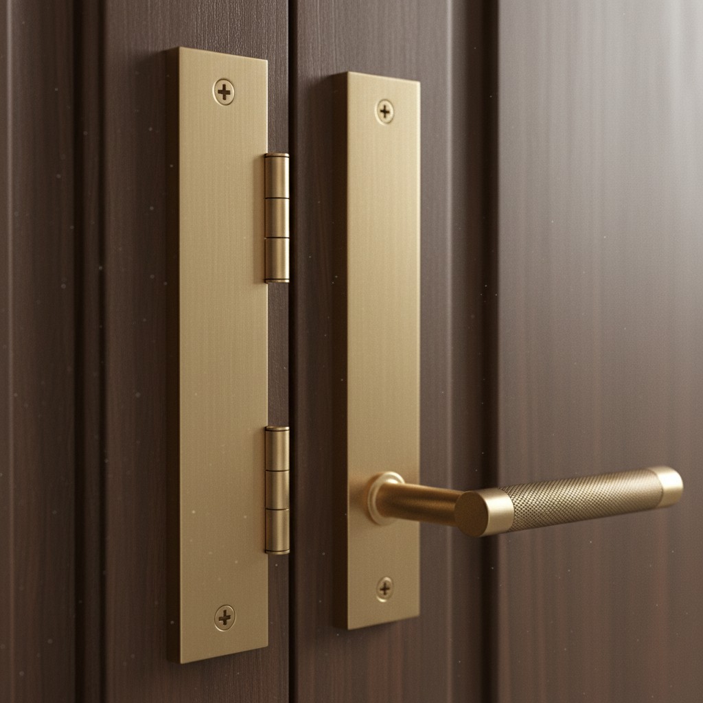 This image depicts an antique brass door handle attached to a modern door. The door handle is expertly crafted with a text...