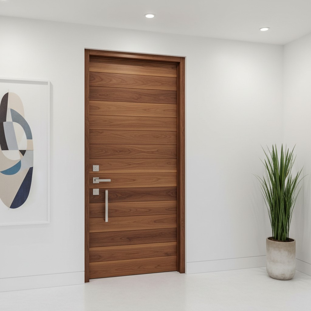 A modern room with a wood door that features an art piece to the left. There is also a potted plant to the right of the door.