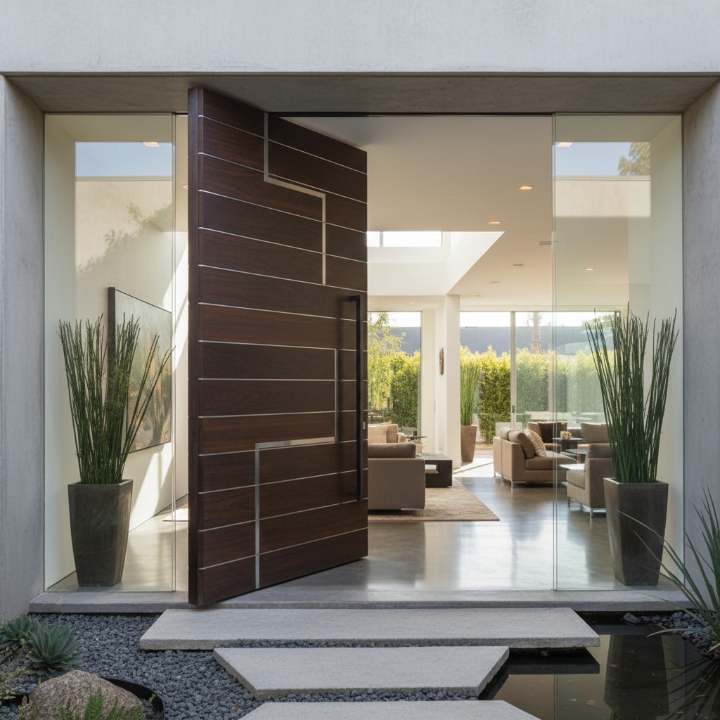 A front stoop of a modern, concrete-white house with a tall wood door through a large, glass wall opening. The stoop is pa...