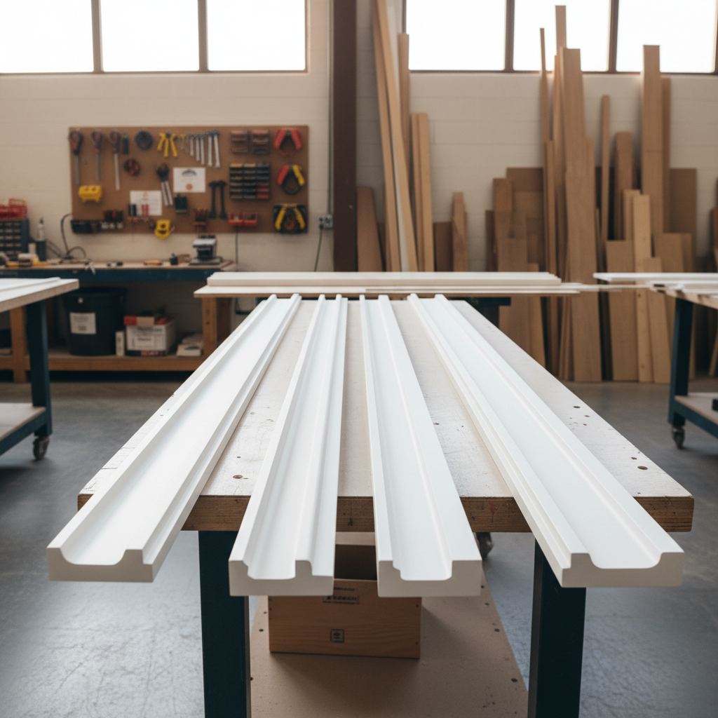 A set of meticulously crafted interior crown mouldings, each piece displaying clean edges and perfectly smooth, matte white finishes, arranged in a harmonious row atop a pristine workbench in a sunlit fabrication studio. The surroundings feature neat tool organization, stacked lumber, and brushed concrete floors, exuding professionalism. Soft, natural afternoon light spills through high windows, accentuating the sharp contours and providing a calm, inviting mood. Photographed from a slightly elevated perspective with sharp focus throughout and a minimalist, balanced composition, this image highlights the artistry and precision central to tailored carpentry for upscale installations.