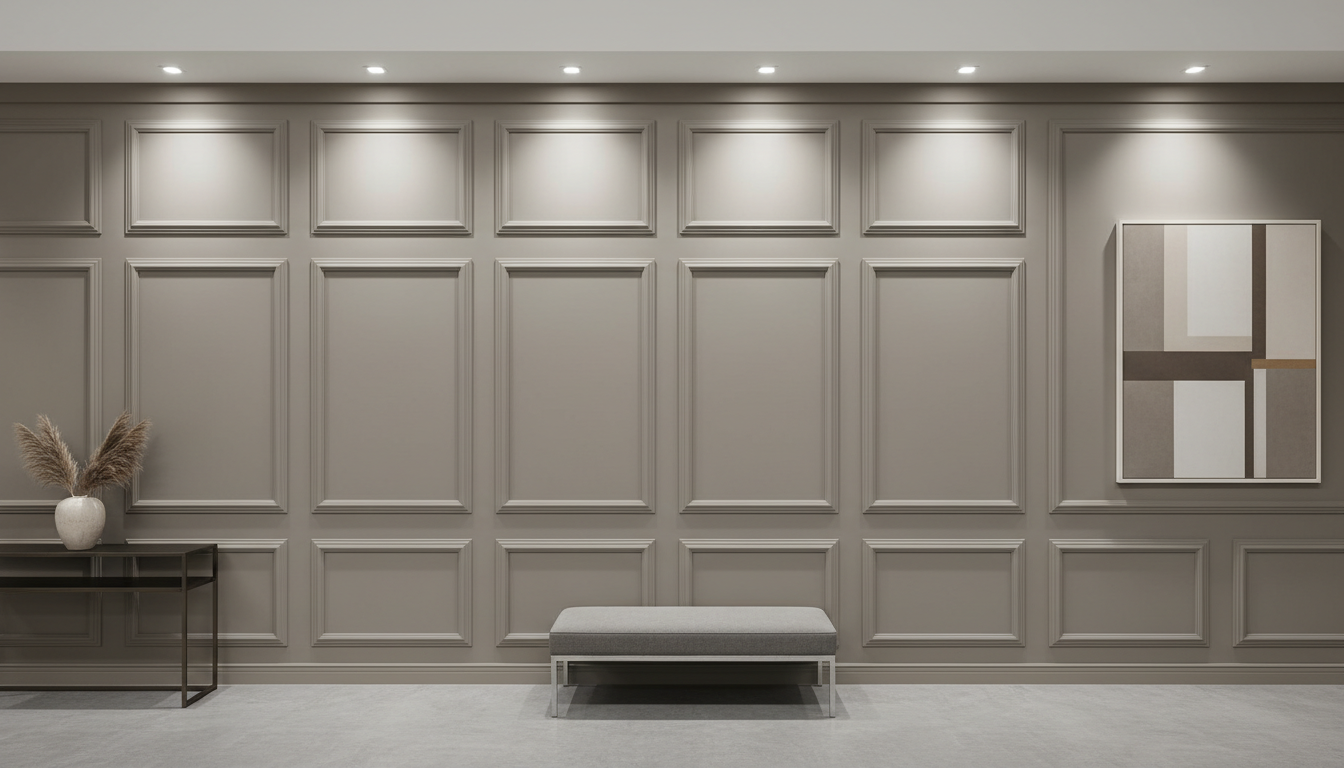 An intricately installed wainscoting wall panel, crafted from premium MDF with flawlessly painted neutral taupe finishes and perfectly aligned trim grooves, showcased in a sleek, renovated corporate office lobby. The wainscoting is featured along a long, unobstructed stretch of wall, complemented by sparse, modern decor and subtle recessed lighting above, casting even illumination that highlights the panel’s dimensional relief. The mood is refined and welcoming, with a focus on serenity and understated luxury. The image is shot from a wide, straight-on angle for full detail, utilizing a photographic realism style that aligns with the professional, structured brand identity.