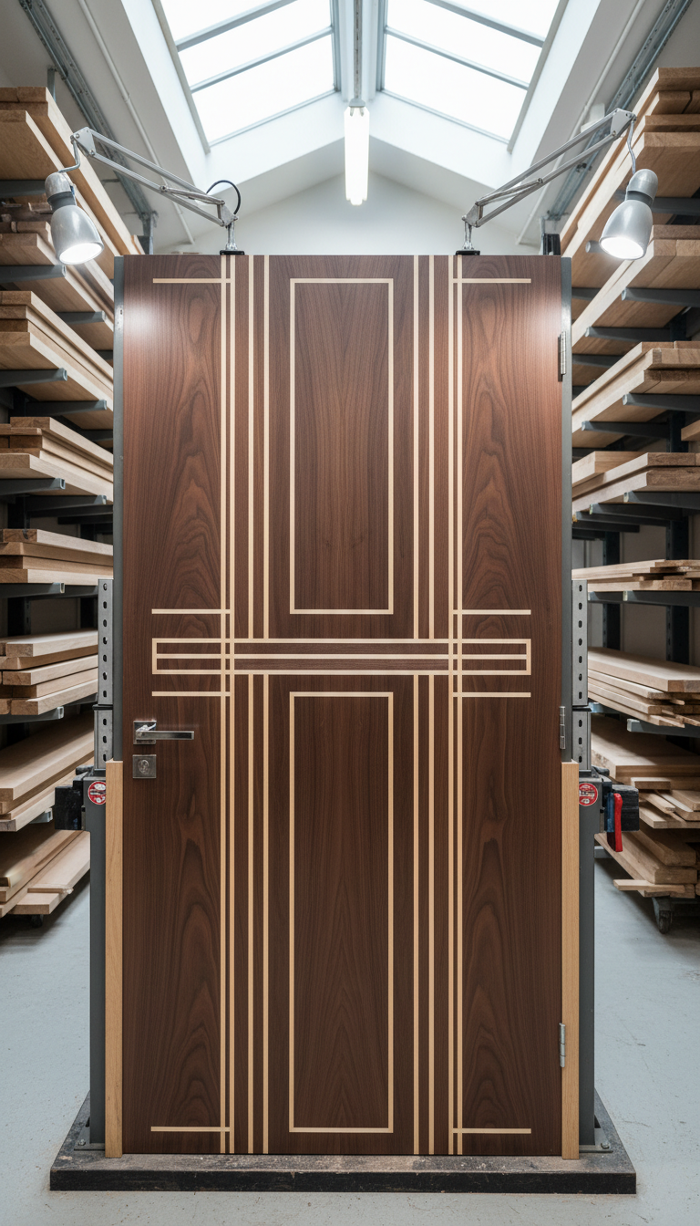 A precisely constructed, custom hardwood door panel in a satin walnut finish, detailed with sleek, modern chrome hardware and crisp geometric inlays. The door stands upright in a contemporary carpentry workshop, surrounded by neatly arranged raw wood planks and industrial metal shelving. Bright, diffused overhead daylight and accent task lighting create clean highlights on the polished surfaces and subtle shadows for depth. The atmosphere is professional and orderly, emphasizing quality craftsmanship and structural clarity. Captured with a centered, eye-level composition for an unobstructed, corporate presentation, the image employs photographic realism with neutral tones and a structured, balanced layout.