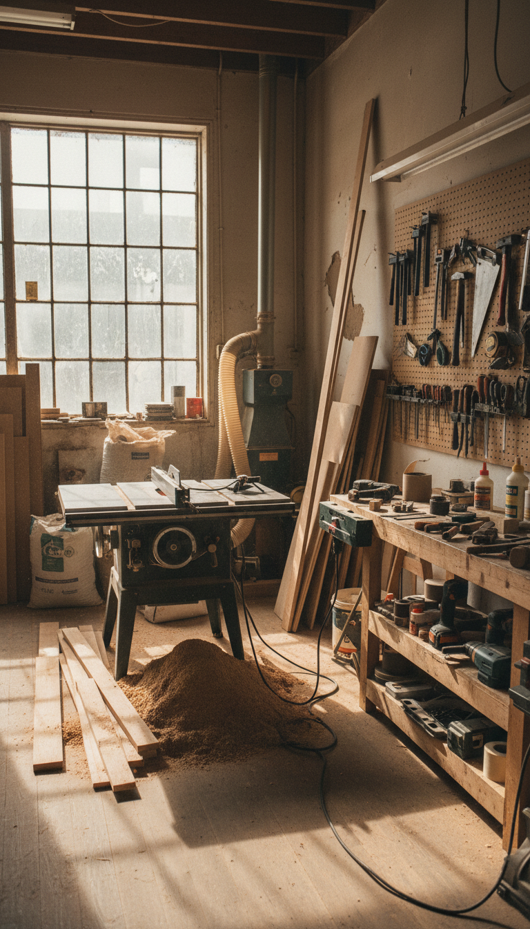 carpentry equipment, tools, and materials in a workshop setting without people