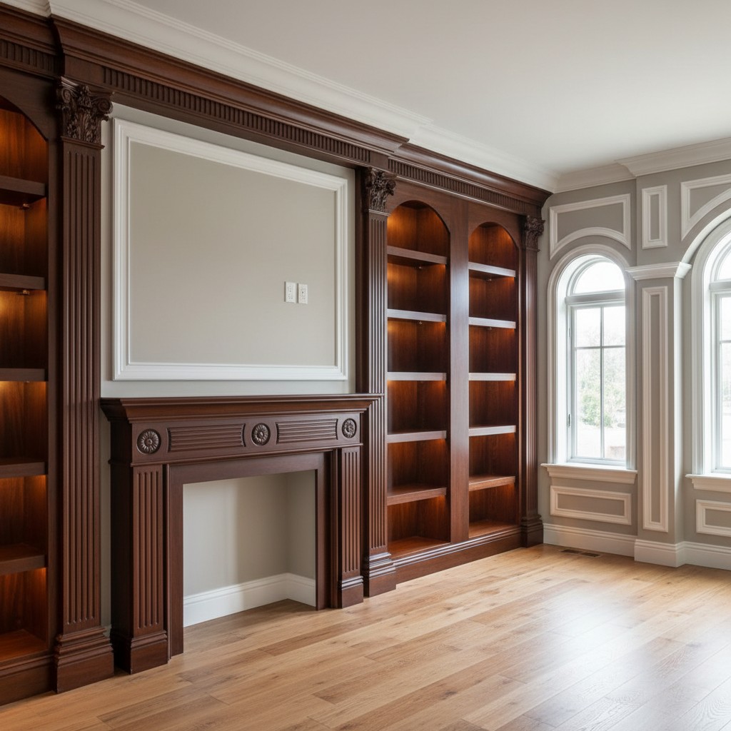 A room with built-in shelves, fireplace, and windows. Colors are white, grey, and wood tones.