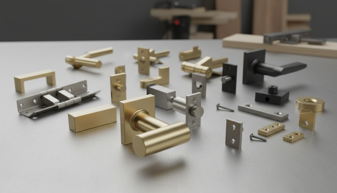 A high-quality photo of carpentry hardware for doors, such as door knobs, locks, hinges, and related accessories, with a clean and professional appearance suitable for a catalog or website. The style should be sharp, detailed, and appealing to customers looking for hardware solutions for carpentry projects.