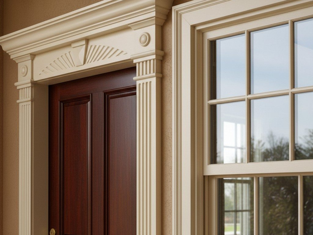 The front door of a house, featuring wood paneling, a decorative frame and surround, and a window with multiple panes.