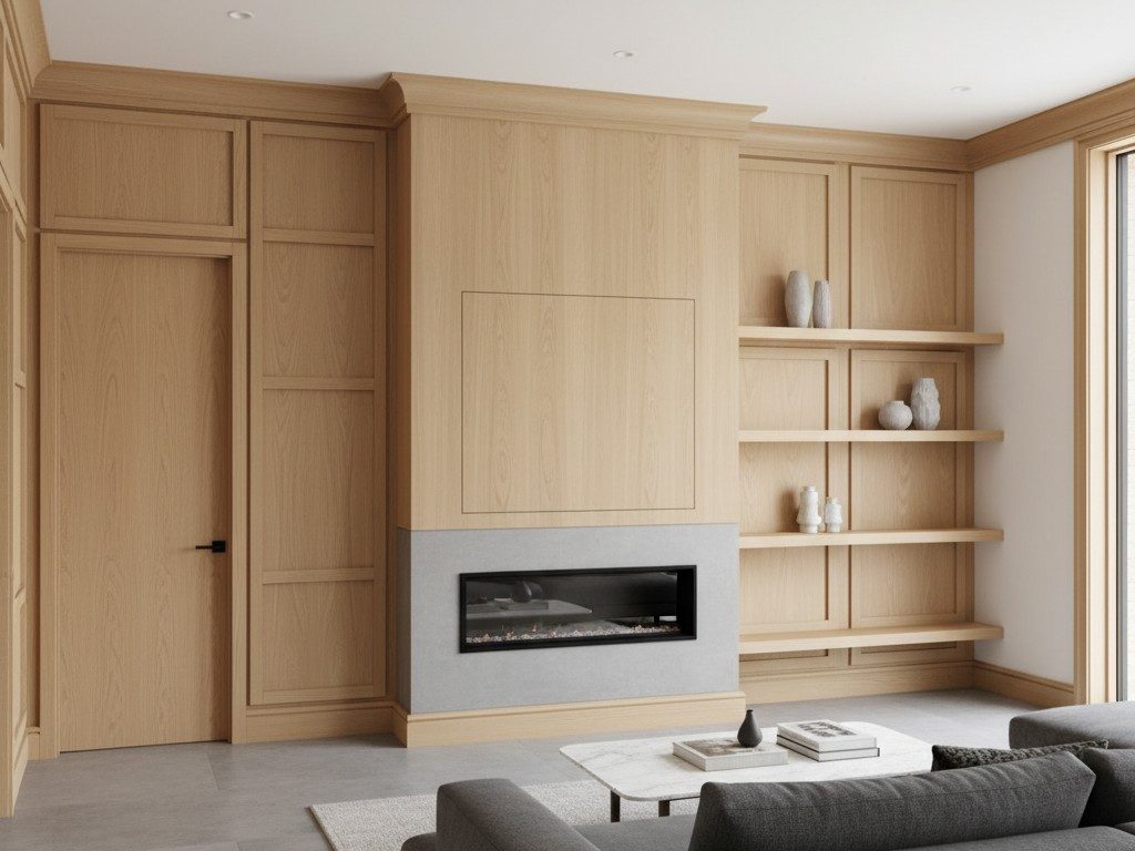 Grey couches in a modern, minimalist living room with open floor plan and integrated tv feature wall. A door to a powder b...