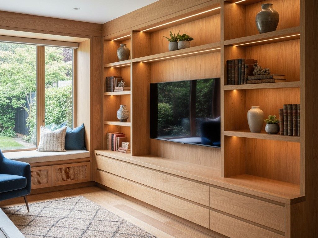 A well-designed living room featuring a light wood entertainment center with a TV and bookshelves, set against a backdrop ...