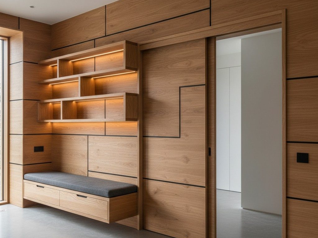 A modern Scandinavian-style room with a built-in bench and lighting shelves made of light-colored wood, featuring a slidin...